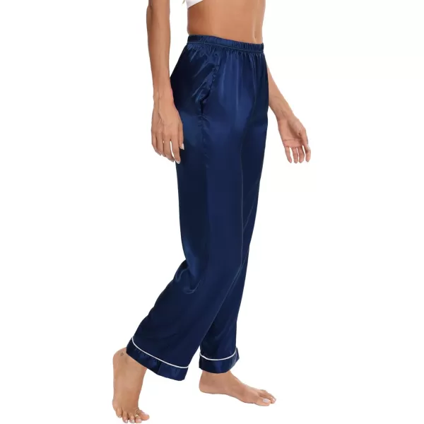 SWOMOG Womens Silk Satin Pants Wide Leg Pajama Bottoms Palazzo Lounge Pants Casual Loose Trousers Pj with PocketsNavy Blue