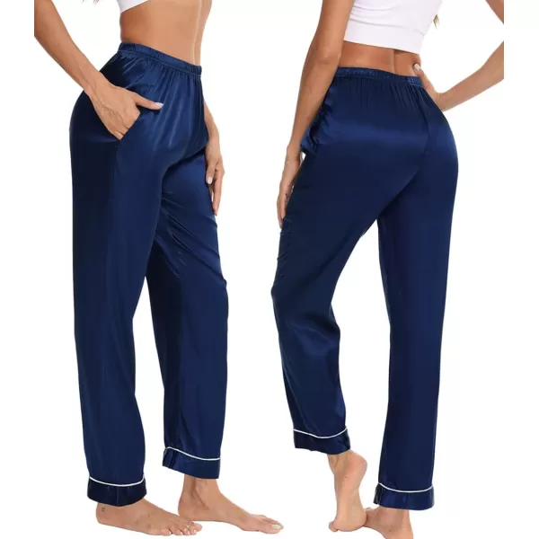 SWOMOG Womens Silk Satin Pants Wide Leg Pajama Bottoms Palazzo Lounge Pants Casual Loose Trousers Pj with PocketsNavy Blue