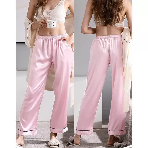 SWOMOG Womens Silk Satin Pants Wide Leg Pajama Bottoms Palazzo Lounge Pants Casual Loose Trousers Pj with PocketsPink