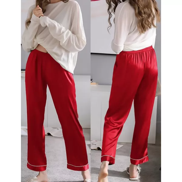 SWOMOG Womens Silk Satin Pants Wide Leg Pajama Bottoms Palazzo Lounge Pants Casual Loose Trousers Pj with PocketsRed