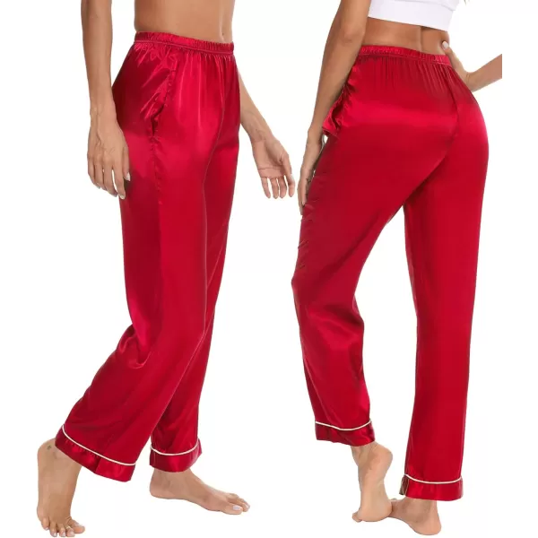 SWOMOG Womens Silk Satin Pants Wide Leg Pajama Bottoms Palazzo Lounge Pants Casual Loose Trousers Pj with PocketsRed