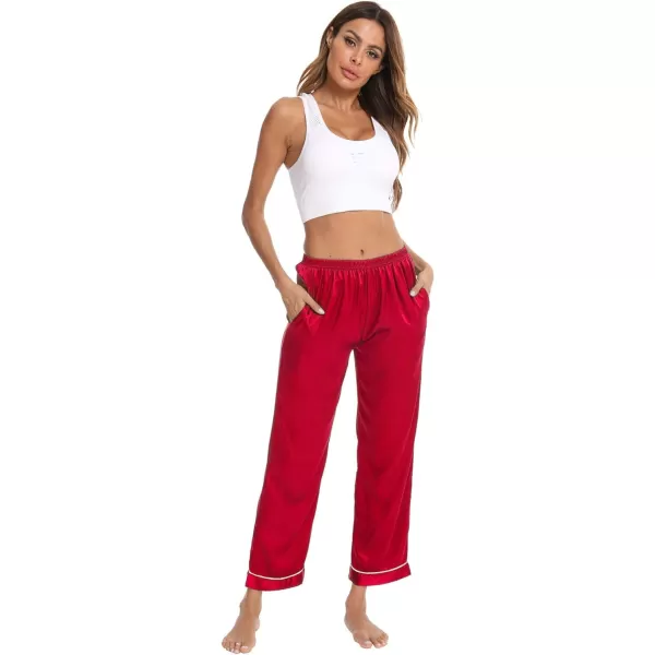 SWOMOG Womens Silk Satin Pants Wide Leg Pajama Bottoms Palazzo Lounge Pants Casual Loose Trousers Pj with PocketsRed