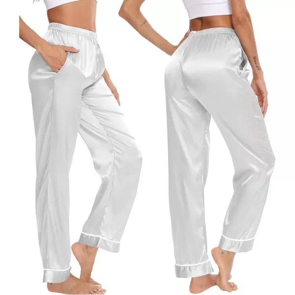 SWOMOG Womens Silk Satin Pants Wide Leg Pajama Bottoms Palazzo Lounge Pants Casual Loose Trousers Pj with PocketsWhite