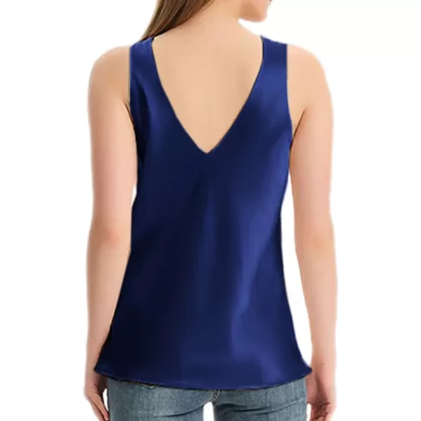 SWOMOG Womens Silk Satin Tank Tops V Neck Sleeveless Blouse Basic Camisole Shirts Loose Camishirt TopsNavy