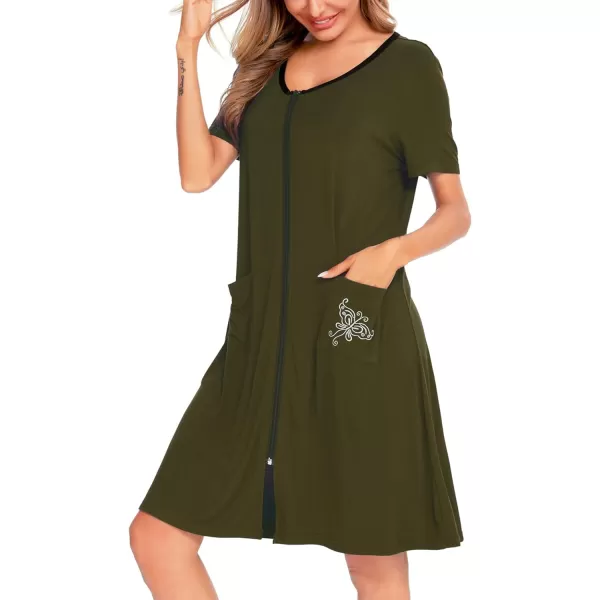 SWOMOG Womens Zip Up Housecoat Zipper Front Robe Lightweight Bathrobe Short Sleeve Loungewear Nightgowns with PocketsArmy Green