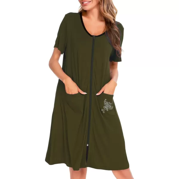 SWOMOG Womens Zip Up Housecoat Zipper Front Robe Lightweight Bathrobe Short Sleeve Loungewear Nightgowns with PocketsArmy Green