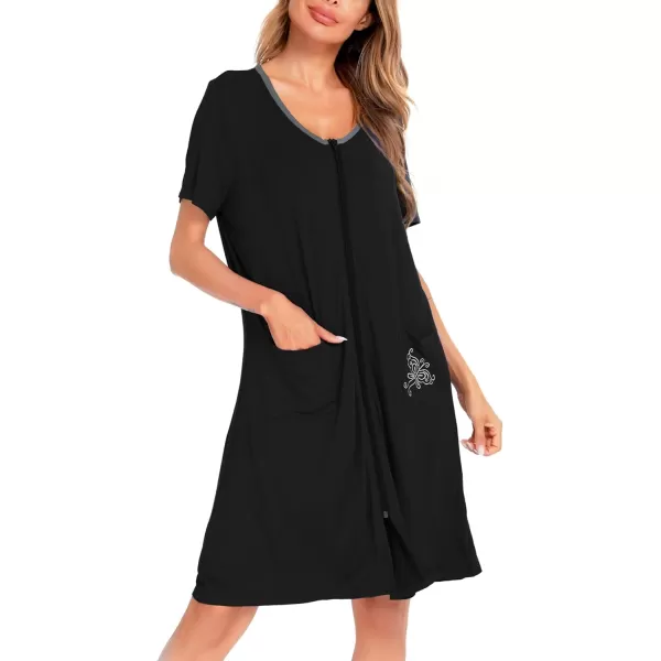 SWOMOG Womens Zip Up Housecoat Zipper Front Robe Lightweight Bathrobe Short Sleeve Loungewear Nightgowns with PocketsBlack