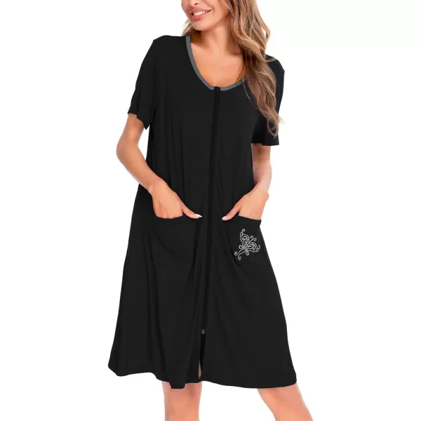 SWOMOG Womens Zip Up Housecoat Zipper Front Robe Lightweight Bathrobe Short Sleeve Loungewear Nightgowns with PocketsBlack