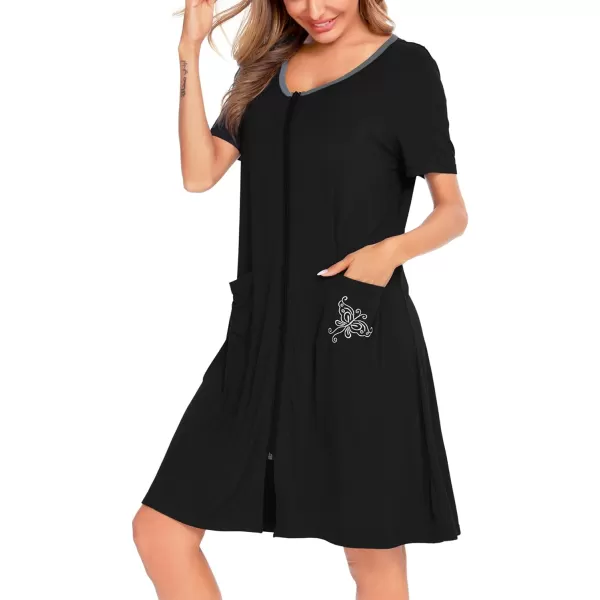 SWOMOG Womens Zip Up Housecoat Zipper Front Robe Lightweight Bathrobe Short Sleeve Loungewear Nightgowns with PocketsBlack