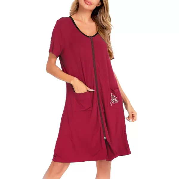 SWOMOG Womens Zip Up Housecoat Zipper Front Robe Lightweight Bathrobe Short Sleeve Loungewear Nightgowns with PocketsChestnut Red