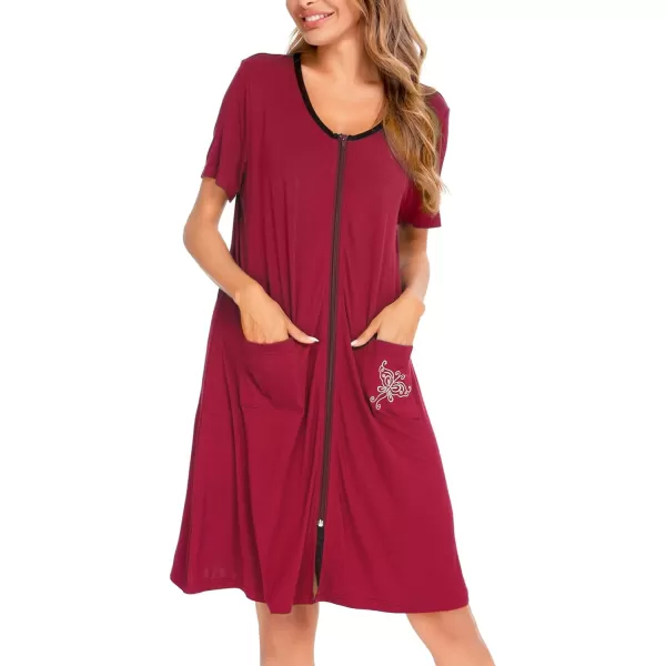 SWOMOG Womens Zip Up Housecoat Zipper Front Robe Lightweight Bathrobe Short Sleeve Loungewear Nightgowns with PocketsChestnut Red