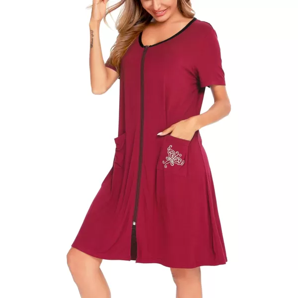 SWOMOG Womens Zip Up Housecoat Zipper Front Robe Lightweight Bathrobe Short Sleeve Loungewear Nightgowns with PocketsChestnut Red