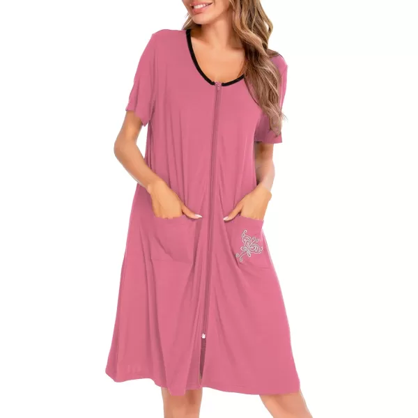 SWOMOG Womens Zip Up Housecoat Zipper Front Robe Lightweight Bathrobe Short Sleeve Loungewear Nightgowns with PocketsCoral