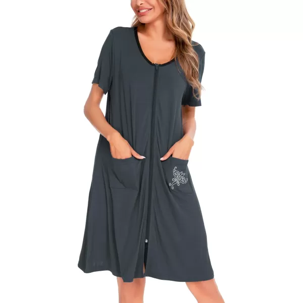 SWOMOG Womens Zip Up Housecoat Zipper Front Robe Lightweight Bathrobe Short Sleeve Loungewear Nightgowns with PocketsDeep Grey