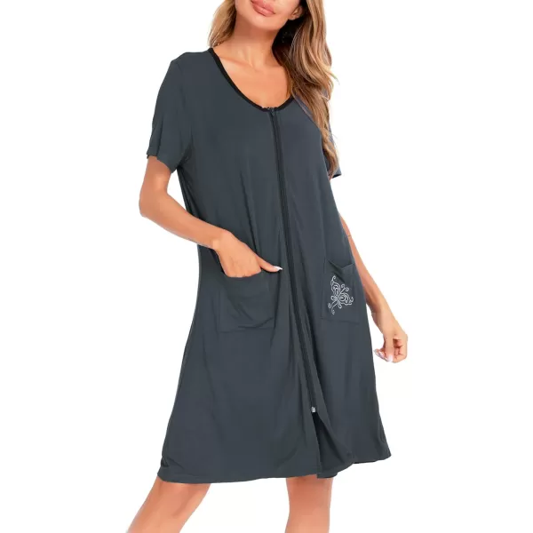 SWOMOG Womens Zip Up Housecoat Zipper Front Robe Lightweight Bathrobe Short Sleeve Loungewear Nightgowns with PocketsDeep Grey