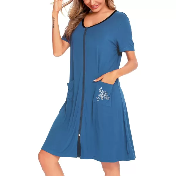 SWOMOG Womens Zip Up Housecoat Zipper Front Robe Lightweight Bathrobe Short Sleeve Loungewear Nightgowns with PocketsDeep Sky Blue