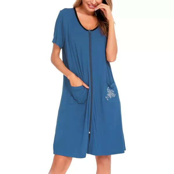 SWOMOG Womens Zip Up Housecoat Zipper Front Robe Lightweight Bathrobe Short Sleeve Loungewear Nightgowns with PocketsDeep Sky Blue