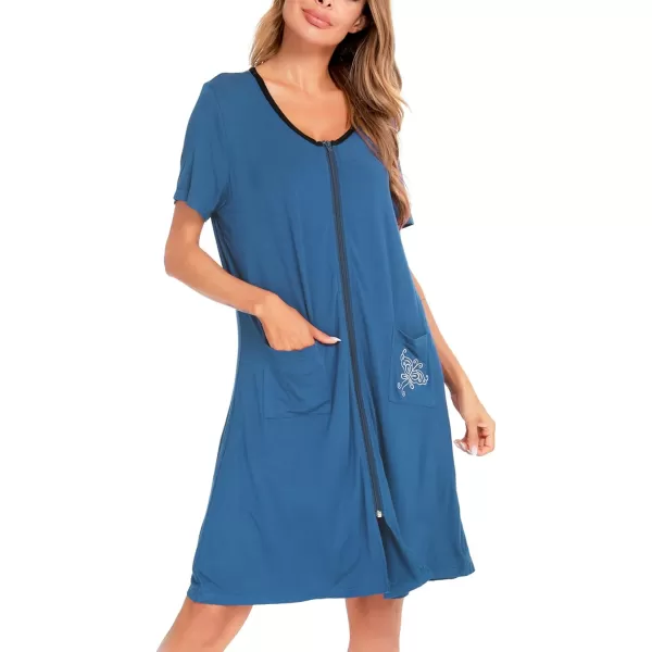 SWOMOG Womens Zip Up Housecoat Zipper Front Robe Lightweight Bathrobe Short Sleeve Loungewear Nightgowns with PocketsDeep Sky Blue