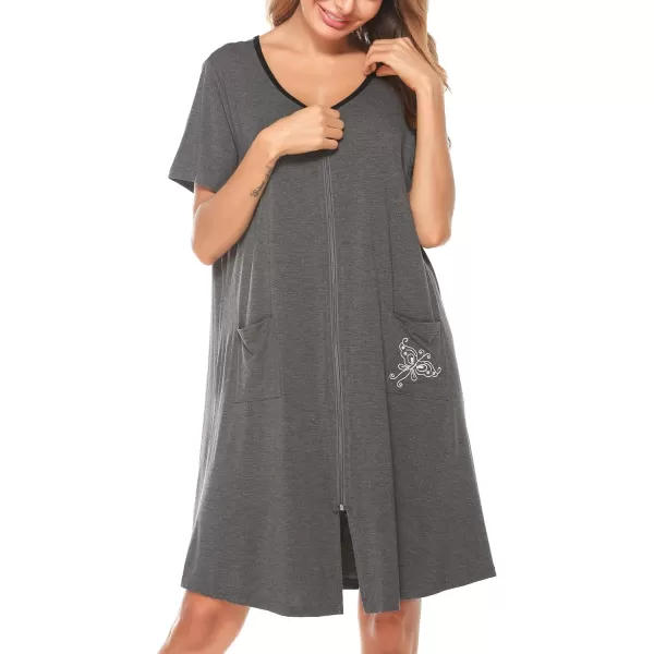 SWOMOG Womens Zip Up Housecoat Zipper Front Robe Lightweight Bathrobe Short Sleeve Loungewear Nightgowns with PocketsFlecking Gray