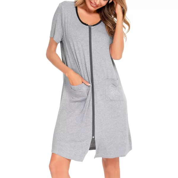 SWOMOG Womens Zip Up Housecoat Zipper Front Robe Lightweight Bathrobe Short Sleeve Loungewear Nightgowns with PocketsGrey