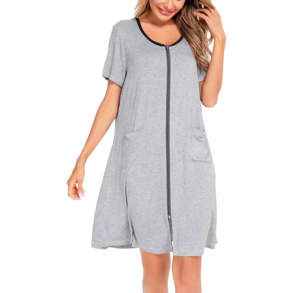 SWOMOG Womens Zip Up Housecoat Zipper Front Robe Lightweight Bathrobe Short Sleeve Loungewear Nightgowns with PocketsGrey