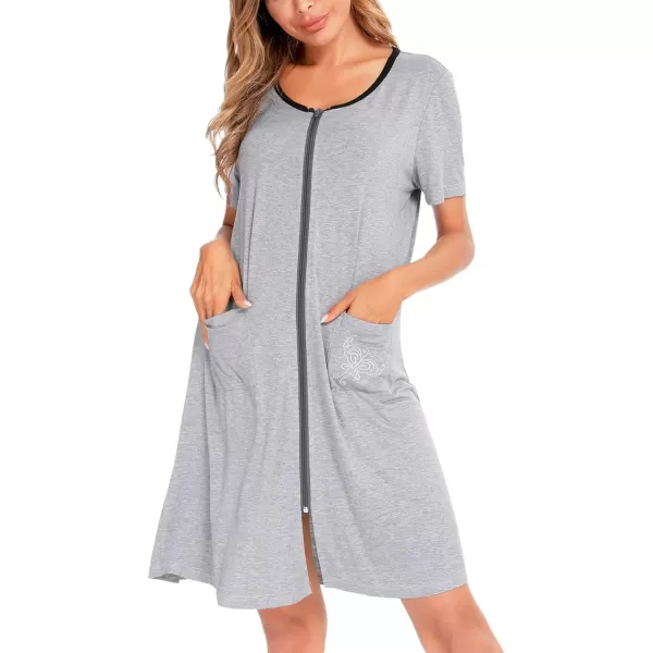 SWOMOG Womens Zip Up Housecoat Zipper Front Robe Lightweight Bathrobe Short Sleeve Loungewear Nightgowns with PocketsGrey