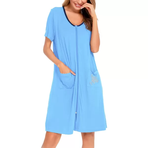 SWOMOG Womens Zip Up Housecoat Zipper Front Robe Lightweight Bathrobe Short Sleeve Loungewear Nightgowns with PocketsLight Blue