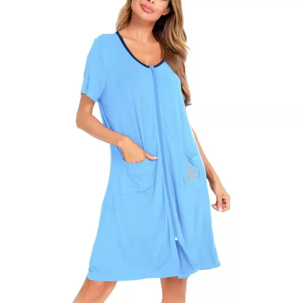 SWOMOG Womens Zip Up Housecoat Zipper Front Robe Lightweight Bathrobe Short Sleeve Loungewear Nightgowns with PocketsLight Blue