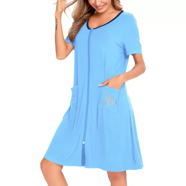 SWOMOG Womens Zip Up Housecoat Zipper Front Robe Lightweight Bathrobe Short Sleeve Loungewear Nightgowns with PocketsLight Blue