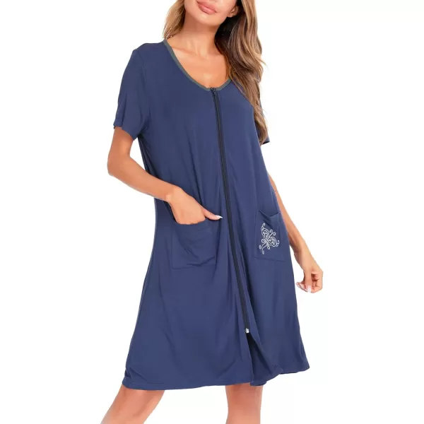 SWOMOG Womens Zip Up Housecoat Zipper Front Robe Lightweight Bathrobe Short Sleeve Loungewear Nightgowns with PocketsNavy Blue