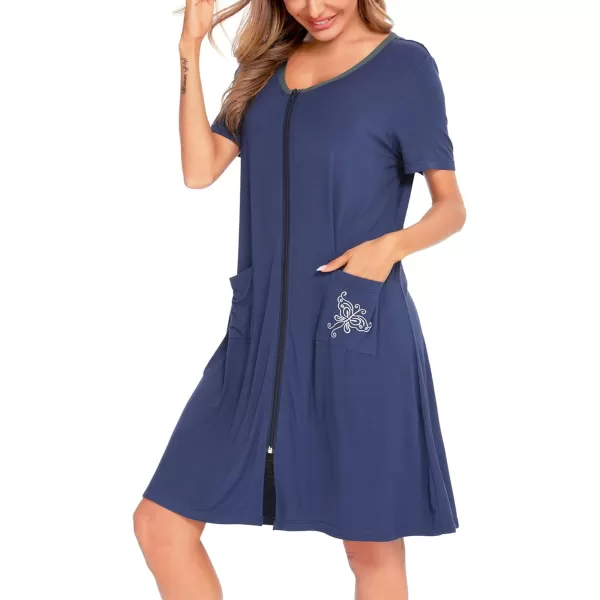 SWOMOG Womens Zip Up Housecoat Zipper Front Robe Lightweight Bathrobe Short Sleeve Loungewear Nightgowns with PocketsNavy Blue