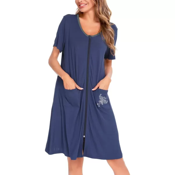 SWOMOG Womens Zip Up Housecoat Zipper Front Robe Lightweight Bathrobe Short Sleeve Loungewear Nightgowns with PocketsNavy Blue