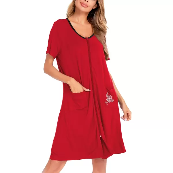 SWOMOG Womens Zip Up Housecoat Zipper Front Robe Lightweight Bathrobe Short Sleeve Loungewear Nightgowns with PocketsRed