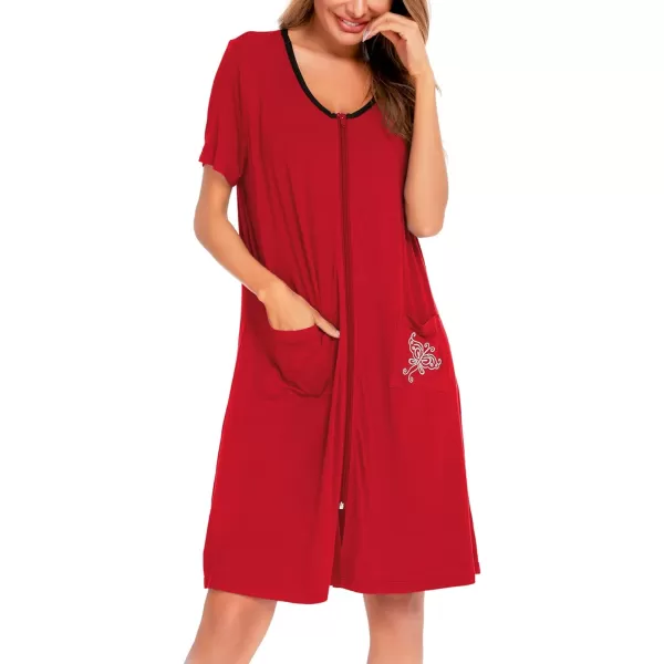 SWOMOG Womens Zip Up Housecoat Zipper Front Robe Lightweight Bathrobe Short Sleeve Loungewear Nightgowns with PocketsRed