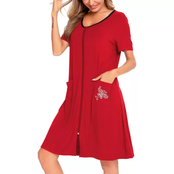 SWOMOG Womens Zip Up Housecoat Zipper Front Robe Lightweight Bathrobe Short Sleeve Loungewear Nightgowns with PocketsRed