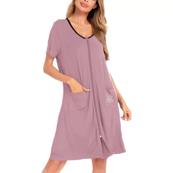 SWOMOG Womens Zip Up Housecoat Zipper Front Robe Lightweight Bathrobe Short Sleeve Loungewear Nightgowns with PocketsTaro Purple