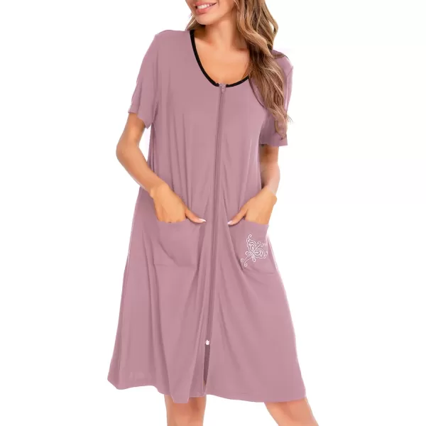 SWOMOG Womens Zip Up Housecoat Zipper Front Robe Lightweight Bathrobe Short Sleeve Loungewear Nightgowns with PocketsTaro Purple