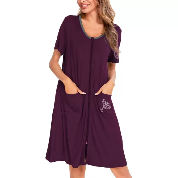 SWOMOG Womens Zip Up Housecoat Zipper Front Robe Lightweight Bathrobe Short Sleeve Loungewear Nightgowns with PocketsWineberry