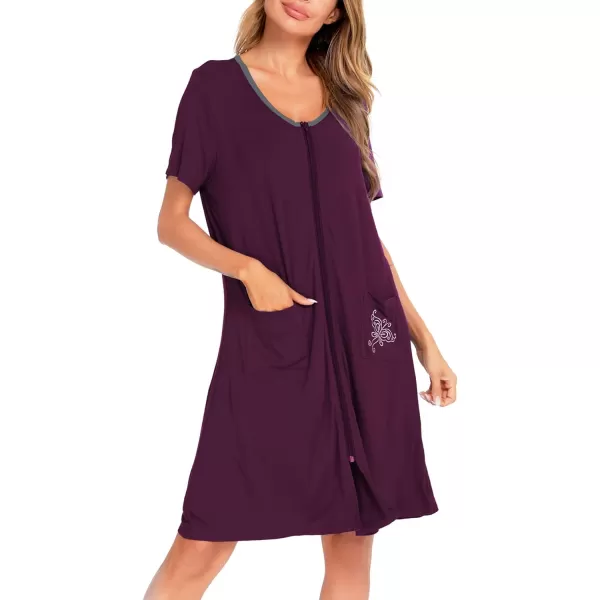 SWOMOG Womens Zip Up Housecoat Zipper Front Robe Lightweight Bathrobe Short Sleeve Loungewear Nightgowns with PocketsWineberry