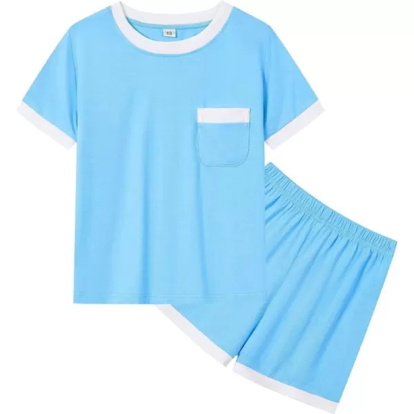 SW0M0G Girls Boys Pajama Sets Modal Kids PJs Sets Short Sleeve Sleepwear Soft Cute Lounge SetsLight Blue