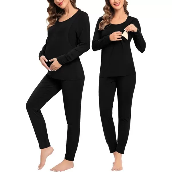 SWMOG Women Maternity amp Nursing Thermal Underwear Set Postpartum Pajamas Breastfeeding Long Sleeve Base Layer Pregnant PjsBlack