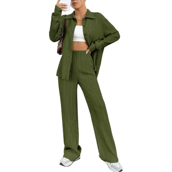 SWOMOG 2 Piece Outfit for Women Long Sleeve Button Down Shirt Wide Leg Pants Lounge Sets Casual Pleated Loungewear SweatsuitsArmy Green