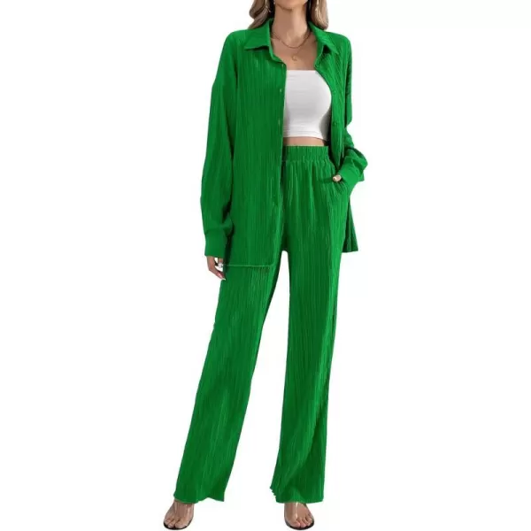 SWOMOG 2 Piece Outfit for Women Long Sleeve Button Down Shirt Wide Leg Pants Lounge Sets Casual Pleated Loungewear SweatsuitsGreen