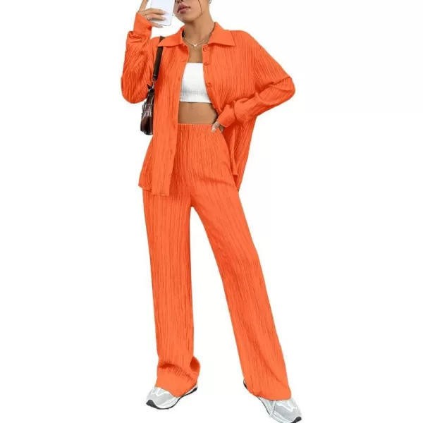 SWOMOG 2 Piece Outfit for Women Long Sleeve Button Down Shirt Wide Leg Pants Lounge Sets Casual Pleated Loungewear SweatsuitsOrange