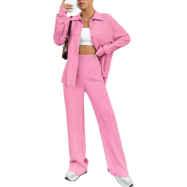 SWOMOG 2 Piece Outfit for Women Long Sleeve Button Down Shirt Wide Leg Pants Lounge Sets Casual Pleated Loungewear SweatsuitsPink