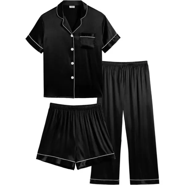 SWOMOG 3 pcs Kids Girls Boys Satin Pajamas Set Silk ButtonDown PJs Sets Soft Lounge Sets Short Sleeve SleepwearBlack