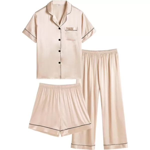 SWOMOG 3 pcs Kids Girls Boys Satin Pajamas Set Silk ButtonDown PJs Sets Soft Lounge Sets Short Sleeve SleepwearChampagne