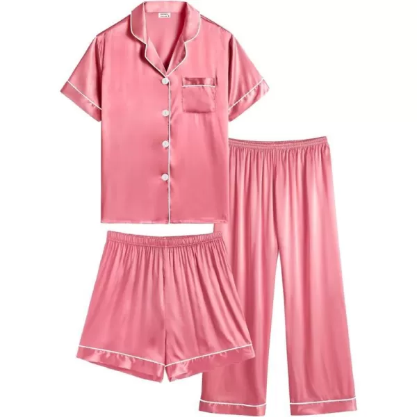 SWOMOG 3 pcs Kids Girls Boys Satin Pajamas Set Silk ButtonDown PJs Sets Soft Lounge Sets Short Sleeve SleepwearCoral Red