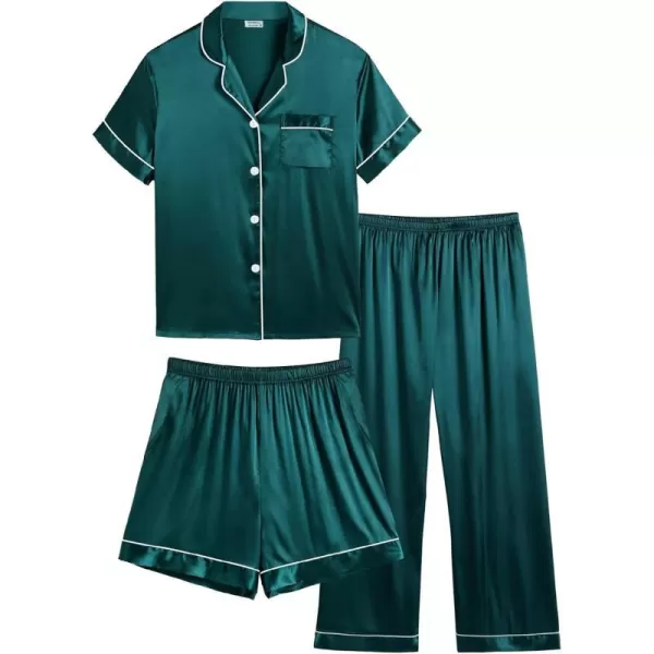 SWOMOG 3 pcs Kids Girls Boys Satin Pajamas Set Silk ButtonDown PJs Sets Soft Lounge Sets Short Sleeve SleepwearDark Green