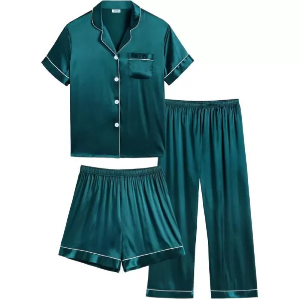 SWOMOG 3 pcs Kids Girls Boys Satin Pajamas Set Silk ButtonDown PJs Sets Soft Lounge Sets Short Sleeve SleepwearGreen